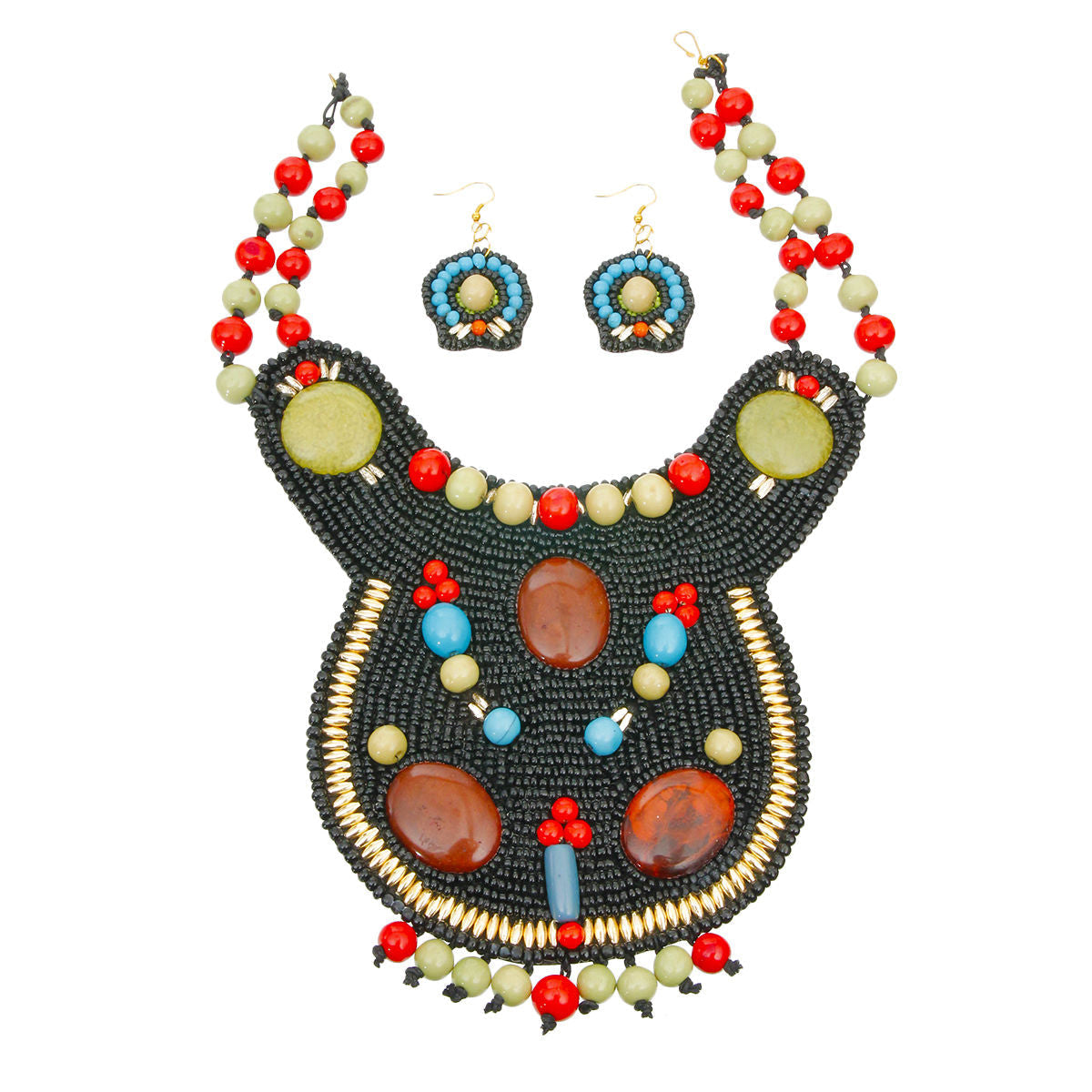 Black Bead Bib Necklace Set with Green and Red Bead Collar and Detail|16 inches - Premium Wholesale Jewelry from Pinktown - Just $52! Shop now at chiquestyles