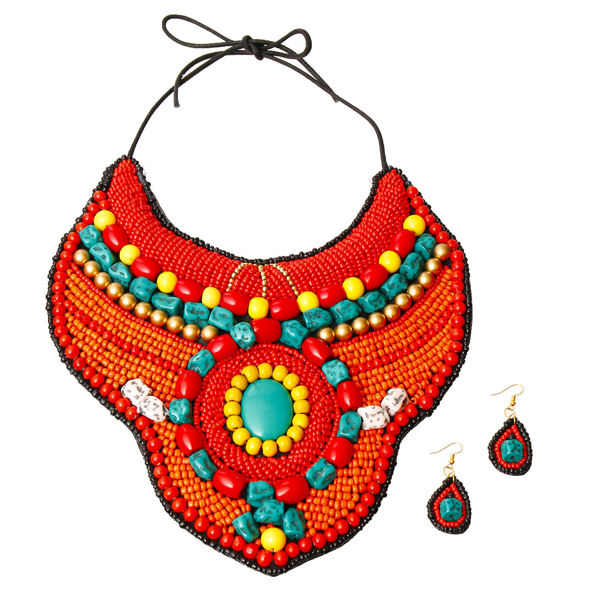 Red and Orange Bead Raised Collar Bib Necklace Set with Turquoise Stone Bead Detail|18 inches - Premium Wholesale Jewelry from Pinktown - Just $55! Shop now at chiquestyles